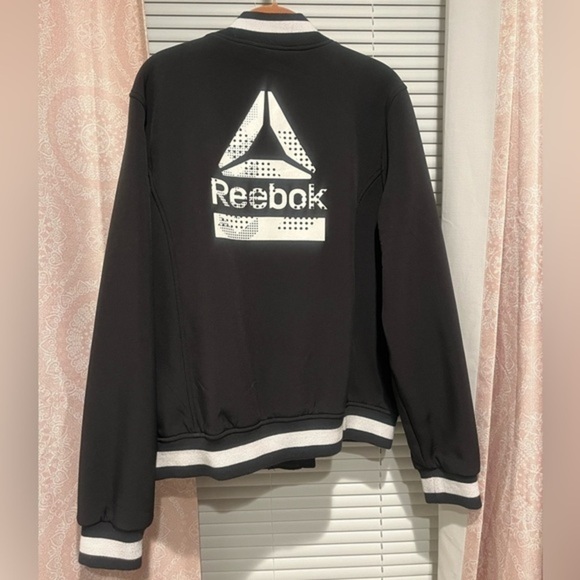 Reebok Bomber Jacket Black & White Full Zip Fleece Lined Polyester Shell Size XL - Picture 1 of 11